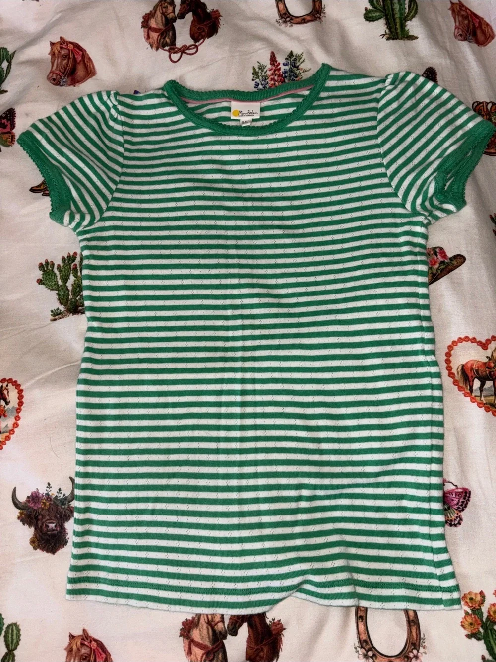 Pointelle Mini Boden Striped Green & White Kids Short Sleeve Tee